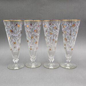 VTG Libbey Royal Fern Pilsner/Champagne Glasses Gold & White Design Set of 4